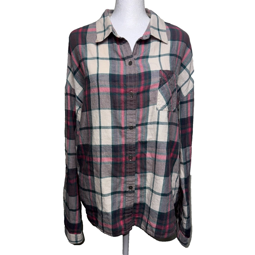 prAna Plaid Shirt Womens XL Organic Cotton Flannel Pink Gray Button Long Sleeve